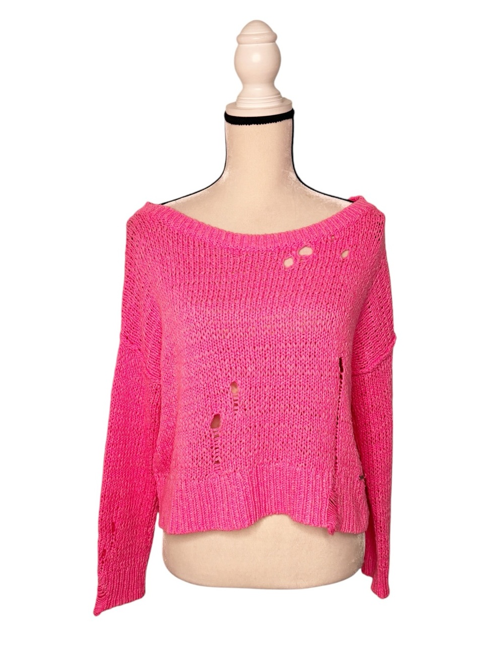 Hollister Cropped Distressed Hot Pink Sweater Size M